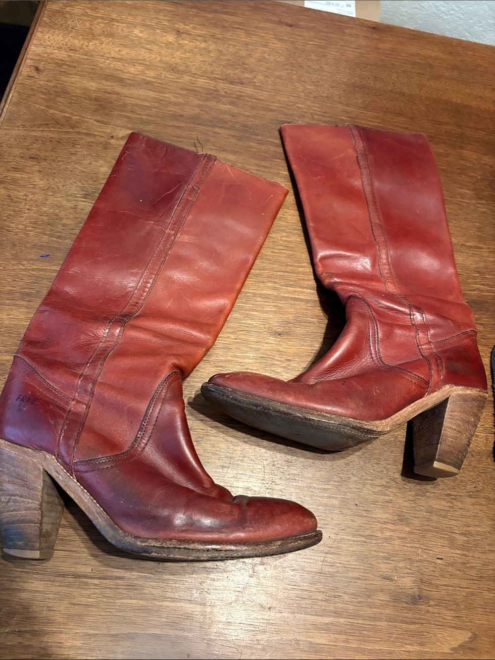 Frye Red Leather Heeled Boots Vtg